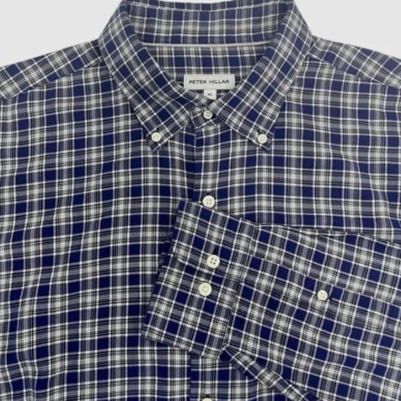 Peter Millar Button Down Long Sleeve Shirt Plaid Soft Blue/White Men’s Size MED - Picture 4 of 5